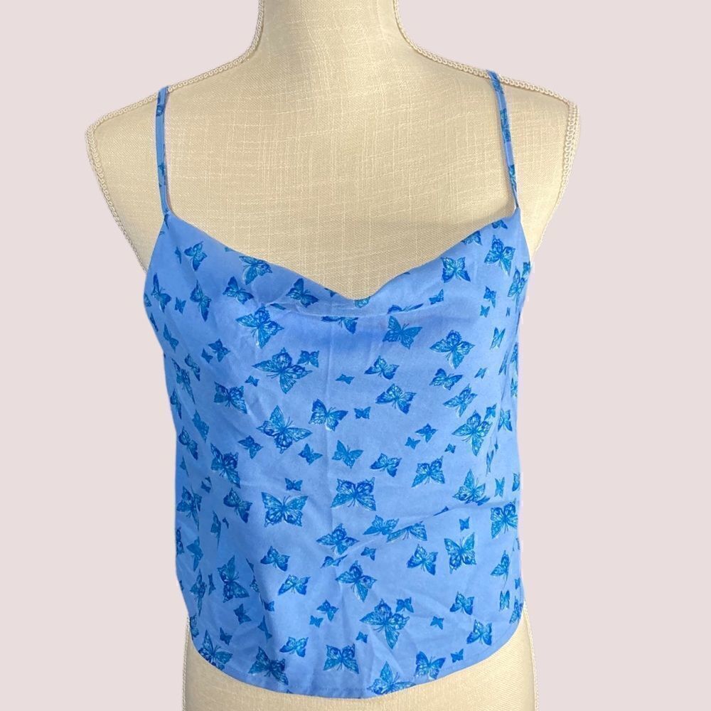 Y2K Blue Butterly Drape Front Cropped Cami